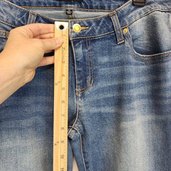 Fashion Nova Flare Bell Bottom Jeans Size 13 32" Blue Mid Rise Distressed Hippie - Picture 8 of 12